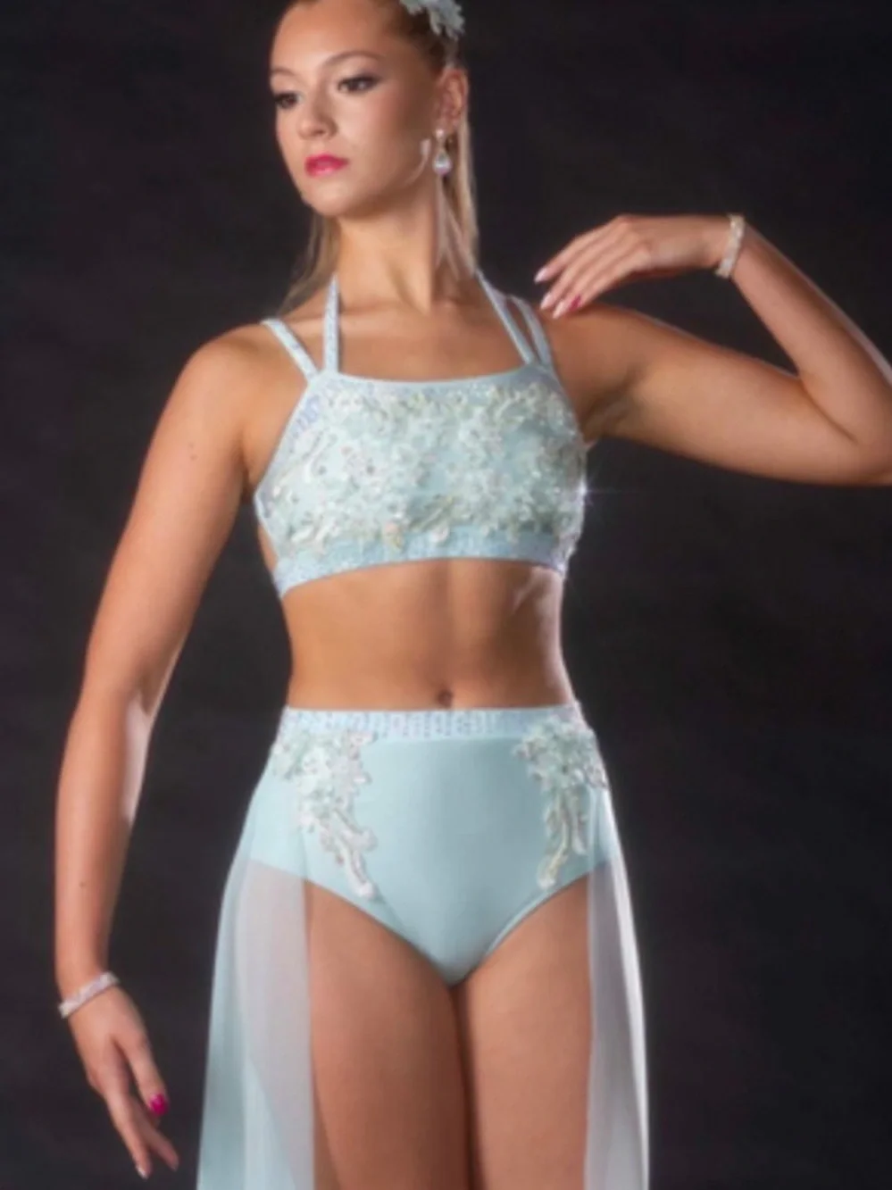 Glamour Light Blue Embellished Dance Crop Top & High-Waist Bottoms